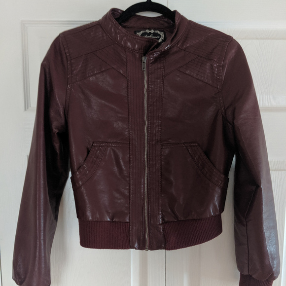 Wine/Red Womens Faux Leather Zip-Up Jacket - Picture 7 of 8